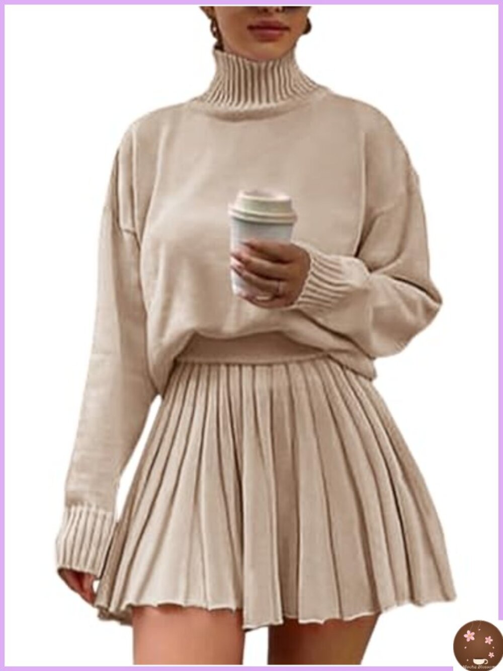Women's 2 Piece Turtleneck Sweater Set with Pleated Mini Skirt Long Sleeve Knit